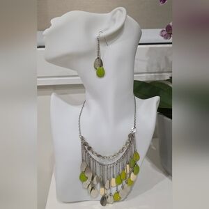 Elegant Silver and Green Dangle Necklace and Earring Coord Set